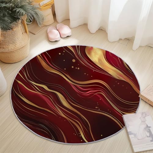 Rutschfester Teppich Rund Weinrot Gold, Elegant Linien Wirbel Marmoriert Muster, Moderne Wohnzimmer Flauschig Teppiche Weich Waschbarer Flanell Fußmatte für Schlafzimmer Küche (Durchmesser 140 cm) von Generic