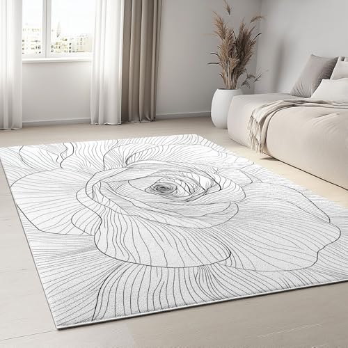 Rutschfester Teppich mit Handgezeichnet Linien Blumen Muster, Waschbare Flauschige kurzflorige Cremefarben Bodenmatte für das Wohnzimmer – weich 180 x 240 cm von Generic