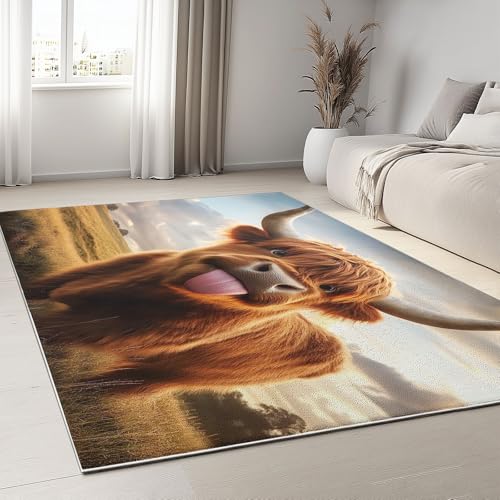 Rutschfester Teppich mit Realistisch Natur Tiere Kuh Muster, Waschbare Flauschige kurzflorige Hellbraun Bodenmatte für das Wohnzimmer – weich 60 x 110 cm von Generic