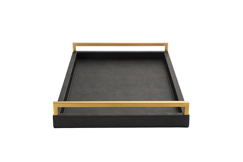 Generic Sagala 45,7 cm großes Serviertablett aus schwarzem Holz mit gebürsteten goldfarbenen Griffen, Shagreen-Leder, dekoratives Tablett, Couchtisch, großes Ottoman-Tablett für modernes Wohnzimmer, von Generic