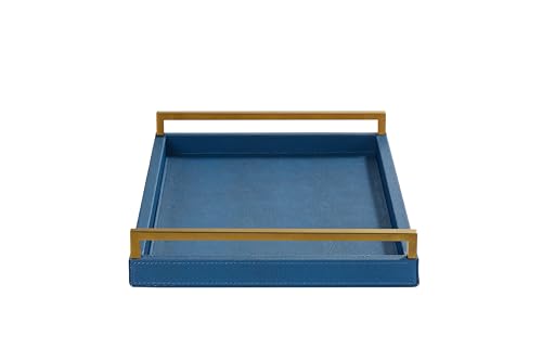 Sagala Couchtisch-Tablett mit goldfarbenen Griffen, dekoratives Tablett aus Leder für Ottomane, Serviertablett aus Holz für Wohnzimmer, Heimdekoration, 45,7 cm, Marineblau von Generic