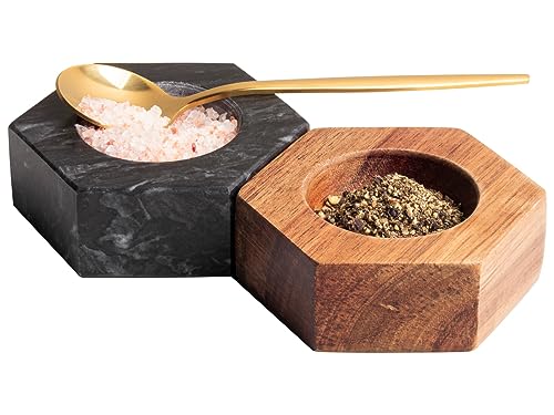 Salz und Pfeffer Schalen Gewürze Set Marmor Akazienholz Tischdeko von Generic