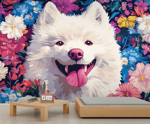 Samojeden Tapete Niedliche Wandbilder für Schlafzimmer Bunte Blumentapete Wohnzimmer Hundetapete Kinderzimmer Wohnzimmer Wandbild Poster 500 X 350 cm von Generic