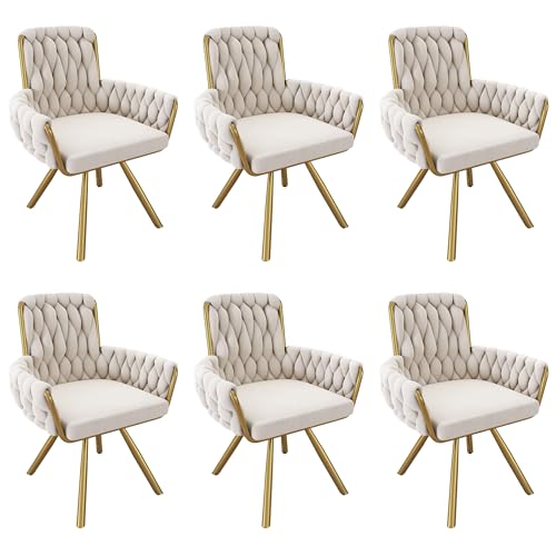 Samt Esszimmerstühle Set 360° Drehbar Lounge Sessel mit 4 Stützbeinen aus Metall Freizeit-Drehstuhl für Wohnzimmer Esszimmer Schlafzimmer Büro Studie 6-teilig Beige von Generic