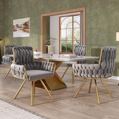 Samt-Esszimmerstuhl, 4er Set, Sessel, einzelner luxuriöser Wohn- und Schlafzimmer-Drehstuhl, Freizeit-Drehstuhl mit Vier Stützbeinen aus Metall, grau von Generic