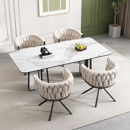 Samt-Esszimmerstuhl, 4er Set, einzelner Heller Luxus-Wohnzimmer-Schlafzimmer-Drehstuhl, Freizeit-Drehstuhl mit Vier Stützbeinen aus Metall, beige von Generic