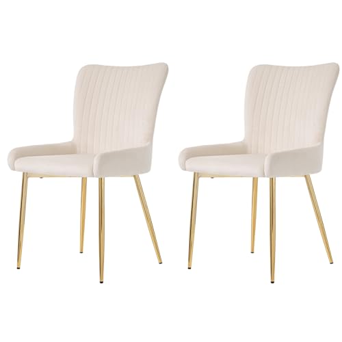 Samt Esszimmerstuhl Set mit 4 Metallstützbeinen Lounge-Stuhl Lendenwirbelstütze für Esszimmer Wohnzimmer Arbeitszimmer Küchenstühle bis 150 kg belastbar 2-teilig Beige+Gold von Generic