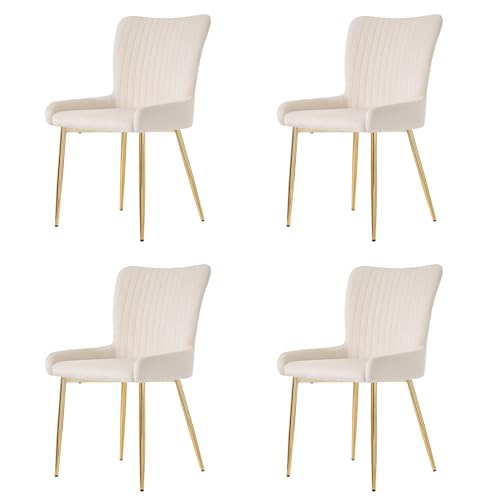Samt Esszimmerstuhl Set mit 4 Metallstützbeinen Lounge-Stuhl Lendenwirbelstütze für Esszimmer Wohnzimmer Arbeitszimmer Küchenstühle bis 150 kg belastbar 4-teilig Beige+Gold von Generic