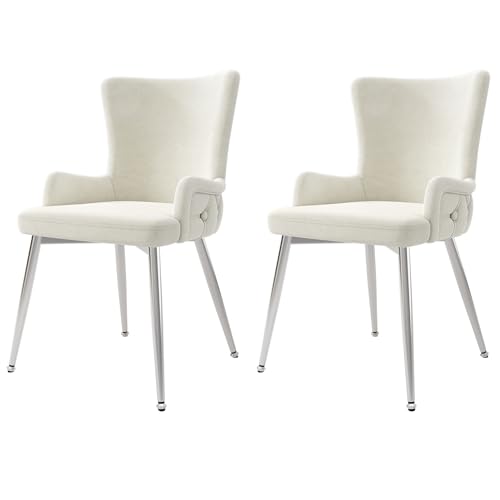 Samt Esszimmerstuhl Set mit 4 Metallstützbeinen Loungesessel für Wohnzimmer Esszimmer Küchen Polsterstuhl bis 150 kg belastbar Armlehnstuhl 2-teilig Beige+Silber von Generic