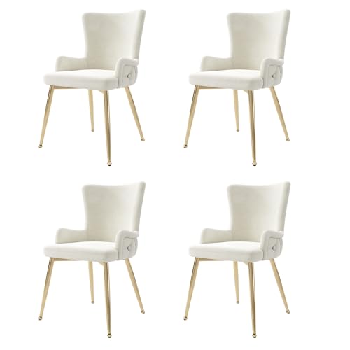 Samt Esszimmerstuhl Set mit 4 Metallstützbeinen Loungesessel für Wohnzimmer Esszimmer Küchen Polsterstuhl bis 150 kg belastbar Armlehnstuhl 4-teilig Beige+Gold von Generic