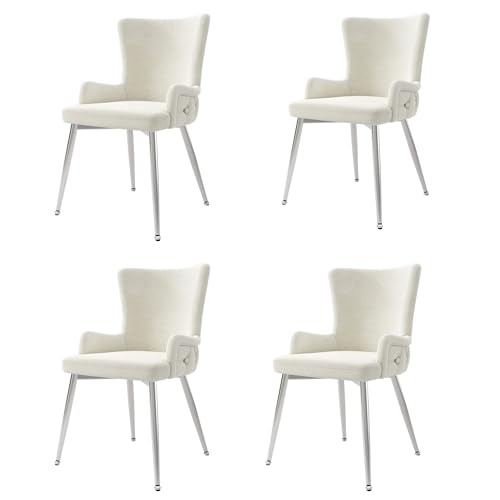 Samt Esszimmerstuhl Set mit 4 Metallstützbeinen Loungesessel für Wohnzimmer Esszimmer Küchen Polsterstuhl bis 150 kg belastbar Armlehnstuhl 4-teilig Beige+Silber von Generic
