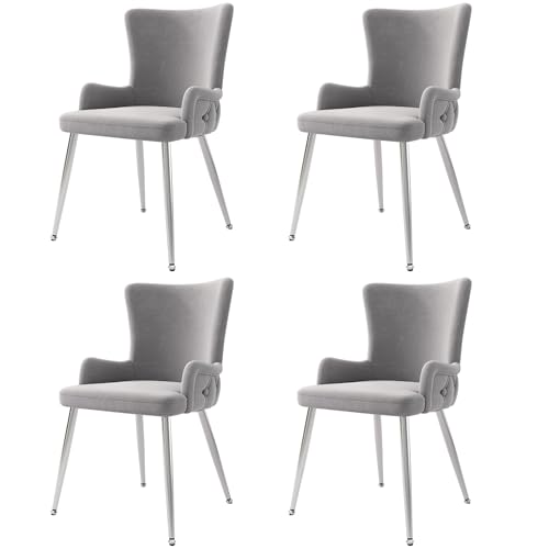 Samt Esszimmerstuhl Set mit 4 Metallstützbeinen Loungesessel für Wohnzimmer Esszimmer Küchen Polsterstuhl bis 150 kg belastbar Armlehnstuhl 4-teilig Grau+Silber von Generic