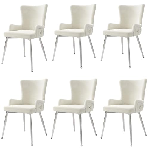 Samt Esszimmerstuhl Set mit 4 Metallstützbeinen Loungesessel für Wohnzimmer Esszimmer Küchen Polsterstuhl bis 150 kg belastbar Armlehnstuhl 6-teilig Beige+Silber von Generic