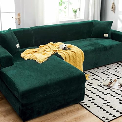 Samt Plüsch Couchbezug Jacquard Sofa Bezug Moderner Sofa Schonbezug Für Wohnzimmer Stretch Rutschfester Möbelschutz Für L-förmiges Sektionssofa, Dark Green, 3+4 seaters von Generic