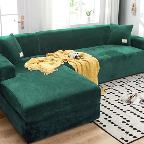 Samt Plüsch Couchbezug Jacquard Sofa Bezug Moderner Sofa Schonbezug Für Wohnzimmer Stretch Rutschfester Möbelschutz Für L-förmiges Sektionssofa, Green, 3+4 seaters von Generic