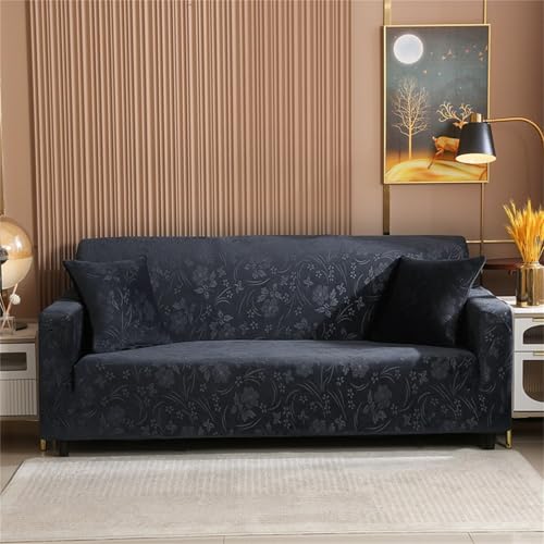 Samt-Stretch-Sofabezug für 1, 2, 3, 4 Sitzer, atmungsaktive Sofa-Schonbezüge, für Ecksofabezug in L-Form, Couchbezug, Rutschfester Möbelschutzbezug (schwarz, 4 Sitzer) von Generic