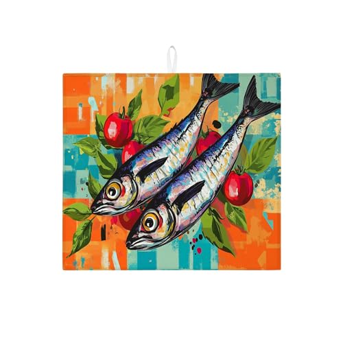 Sardine Abtropfmatten für Küchentheke, künstlerisches Fisch- und Tomaten-Design, saugfähiges Abtropfgestell, bunte Mikrofaser-Abtropfmatte für Küchentheke, Dekoration, 40,6 x 45,7 cm von Generic