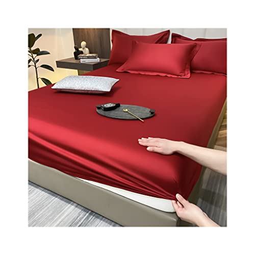 Satin Spannbettlaken langstapelige Baumwolle 120x200cm 150x200cm 180x200cm 500 Fadenzahl Hotelqualität Spannbetttuch mit tiefen Taschen 30cm Höhe ( Color : Red , Size : Fitted sheet 180x200+30cm ) von Generic