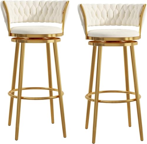 Satz von 2 luxuriösen Schwenkbarhocker aus Samt mit gebogenem gewebtem Rücken und Fußstütze Sitzhöhe Stühle für Hauswagen oder Küche Insel Weißgold Metallbeine 65 cm von Generic