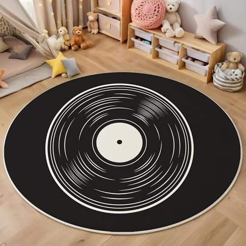 Schallplatten Teppich Rund 240 cm Modernes Minimalistisches Design rutschfest Teppiche Wohnzimmer Runder Waschbar Teppiche Kurzflor Weich Runder Teppich Schwarz for Wohnzimmer Studie Heimbüro von Generic