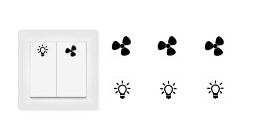 generic Schalter Aufkleber Set 3 x Ventilator und 3 x Licht Aufkleber Symbole (RP16/1) (20 x 20 mm) für Glas, Metall, Holz, Wand, Durchsichtig, Kunststoff, Selbstklebenden, Wasserfest, Sticker von generic