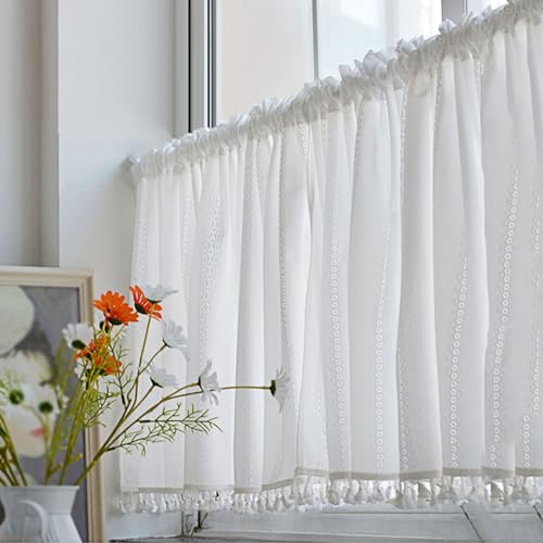 Scheibengardine Weiß mit Voile Halbtransparent Gardine Bistrogardine Küchenvorhang Französisches Blumen Streifen Kurzgardine mit Quaste Dekorativ für Zimmer Fenster (Color : White, Size : 140x80cm/5 von Generic