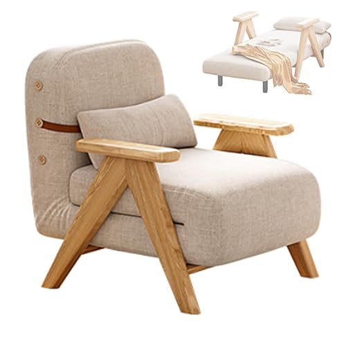 Schlafsessel Klappbar Gästebett mit 5 Fach Verstellbarer Rückenlehne Baumwolle und Leinen Klappsofa Massivholzfüßen Chaiselongue Sofa für Wohnzimmer Schlafzimmer(Natural,190 * 100 * 27cm) von Generic