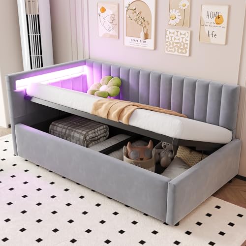 Schlafsofa 90x200 cm Hydraulisch Polsterbett mit LED-Beleuchtung Tagesbett Vertikales Streifendesign Einzelbett für Erwachsene Stauraumbett Bettkasten Gästebett Hellgrau von Generic