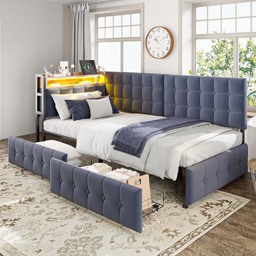 Schlafsofa 90x200 cm Polsterbett mit 2 Schubladen LED-Nachttischlampe USB- und Typ-C-Anschluss Einzelbett für Erwachsene Jugendliche Gästebett Ohne Matratze Dunkelgrau Schlafsofa 90x200 cm Polsterbett mit 2 Schubladen LED-Nachttischlampe USB- und Typ-C-Anschluss Einzelbett für Erwachsene Jugendliche Gästebett Ohne Matratze Dunkelgrau von Generic
