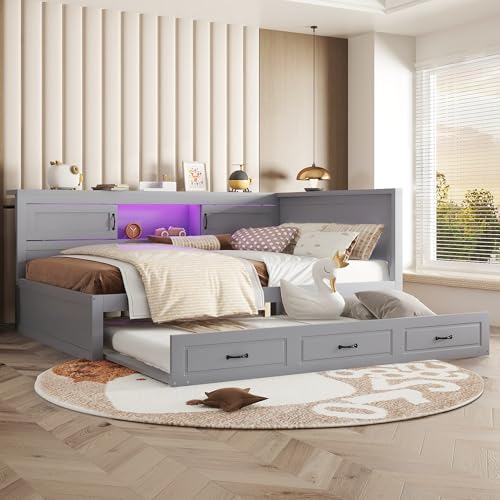 Schlafsofa Tagesbett mit ausziehbarem Bett, integrierte LED-Beleuchtung, bettseitiges Staufach mit Push-Pull-Design, USB- und Steckdosenanschluss, stabile Schlafsofa Tagesbett mit ausziehbarem Bett, integrierte LED-Beleuchtung, bettseitiges Staufach mit Push-Pull-Design, USB- und Steckdosenanschluss, stabile von Generic