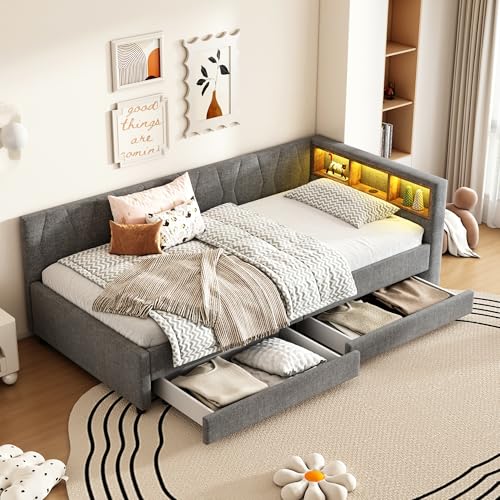 Schlafsofa mit Ablagefach USB+Typ C LED-Umgebungslicht Tagesbett mit Lattenrost Einzelbett für Erwachsene Jugendliche Polsterbett Leinen Gästebett Ohne Matratze Grau mit Schublade 90x200 cm Schlafsofa mit Ablagefach USB+Typ C LED-Umgebungslicht Tagesbett mit Lattenrost Einzelbett für Erwachsene Jugendliche Polsterbett Leinen Gästebett Ohne Matratze Grau mit Schublade 90x200 cm von Generic