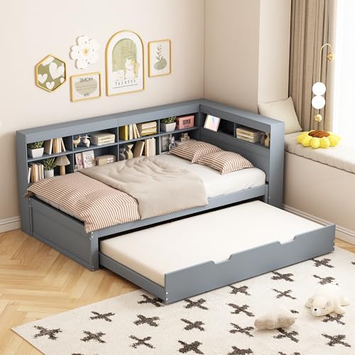 Schlafsofa mit Ausziehbares Bett 90 * 190 Tagesbett mit USB-Steckdose und Mehreren Ablagefächern Massivholzbett für Erwachsene Jugendliche Einzelbett Gästebett Grau 90x200 cm von Generic