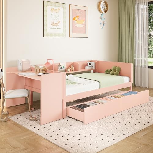 Schlafsofa mit Schreibtisch Daybett mit Regalen Einzelbett Kiefer+Spanplatte Tagesbett für Erwachsene Jugendliche Gästebett Ohne Matratze Rosa mit Schublade 90x200 cm Schlafsofa mit Schreibtisch Daybett mit Regalen Einzelbett Kiefer+Spanplatte Tagesbett für Erwachsene Jugendliche Gästebett Ohne Matratze Rosa mit Schublade 90x200 cm von Generic