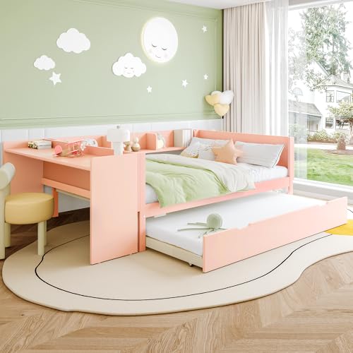 Schlafsofa mit Schreibtisch Rollbett Daybett mit Regalen Einzelbett Kiefer+Spanplatte Tagesbett für Erwachsene Jugendliche Flachbett Gästebett Ohne Matratze Rosa mit Ausziehbett 140x200 cm von Generic