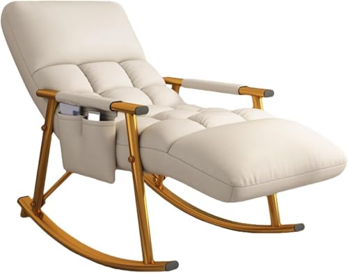 Schlafzimmer Schaukelstuhl, Modern Indoor Mit Seitentaschen Schaukelstuhl, Relaxsessel Bequem, Schaukelstuhl Mit Verstellbarer Fußstütze, White+Gold Legs, One Size von Generic