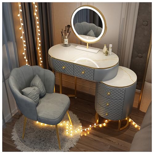 Schlafzimmer Schminktisch mit Spiegel und Stuhl, 5 Schubladen, 3 Farben LED-Beleuchtung, Kosmetiktisch für Mädchen (Color : Gray, Size : 100x40x76cm) von Generic