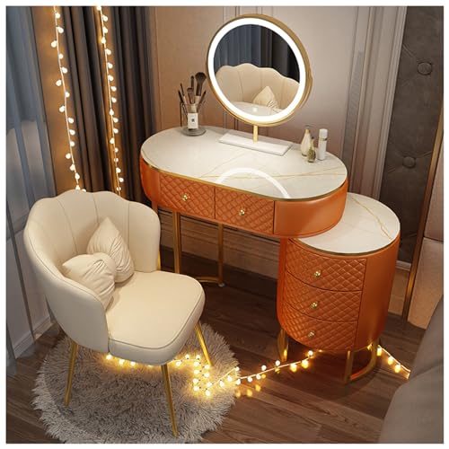 Schlafzimmer Schminktisch mit Spiegel und Stuhl, 5 Schubladen, 3 Farben LED-Beleuchtung, Kosmetiktisch für Mädchen (Color : Orange, Size : 100x40x76cm) von Generic