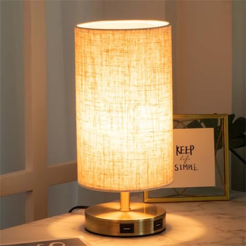 Schlafzimmer Wandleuchten Schreibtischlampe Innen mit Touch-Schalter & Netzkabel Tischlampe Modern mit Zwei USB-Ladeanschluss Nachttischlampen E27 mit Glühbirne & Stoffschirm Lesel von Generic