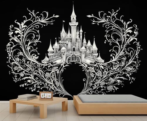 Schloss Wandbild Turm Tapete Weinreben und Blumen Zimmertapete Schwarz Weiß Tapete für Schlafzimmer Wandbild Poster für Wohnzimmer Schlafzimmer Kinderzimmer Sofa TV Hintergrund Dekor 500 X 350 cm von Generic