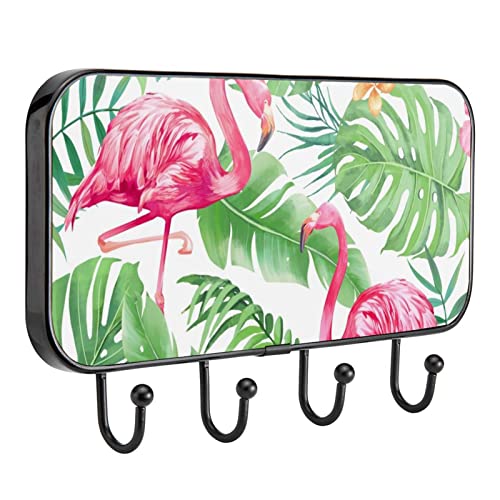 Schlüsselhaken Rosa Flamingo mit grüner Handfläche Schlüsselhalter für Wand Dekorativ mit 4 Schlüsselhaken Kleiderbügel, Geldbörsenaufhänger, Handtuchhaken, einfache Montage Schlüsselbügel von Generic