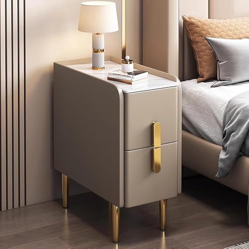 Schmaler Nachttisch mit doppelter Schublade, modernes minimalistisches Design mit PU-Lederoberfläche und Metallbeinen, perfekt für kleine Räume und Schlafzimmer von Generic