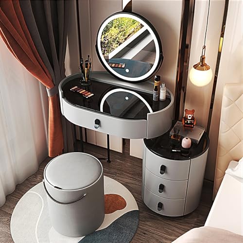 Schminkstuhl, Schminktisch mit beleuchtetem Spiegel und Schubladen aus Glas, Seitenschrank und Stuhl, Grau, 50 cm, 3 Beleuchtungsfarben, Frisiertisch-Set für Sie Schminkstuhl, Schminktisch mit beleuchtetem Spiegel und Schubladen aus Glas, Seitenschrank und Stuhl, Grau, 50 cm, 3 Beleuchtungsfarben, Frisiertisch-Set für Sie von Generic