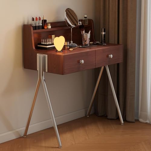 Schminktisch Große Tischplatte Schminktische für Frauen Edelstahlbeine，Schminktisch Braune mit 2 Schubladen für Wohnungen und Schlafzimmer (Ohne Spiegel und Hocker) von Generic