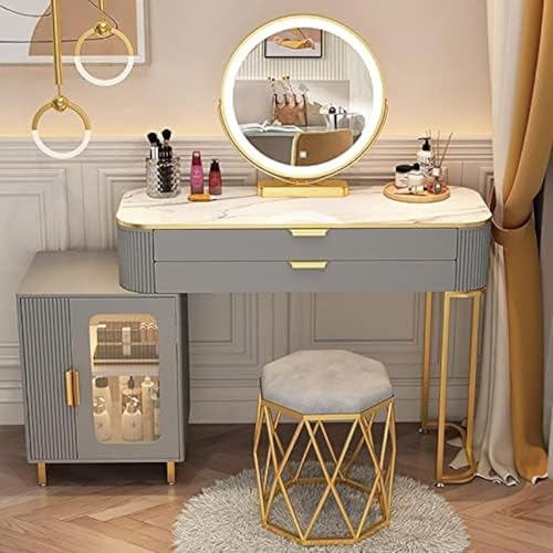Schminktisch Mit Nachttisch Schminktisch Set Schminktisch Mit Verstellbarem Led-Spiegel, Gepolstertem Hocker Und Schubladen, Gray-2, 80cm/31.5in Schminktisch Mit Nachttisch Schminktisch Set Schminktisch Mit Verstellbarem Led-Spiegel, Gepolstertem Hocker Und Schubladen, Gray-2, 80cm/31.5in von Generic