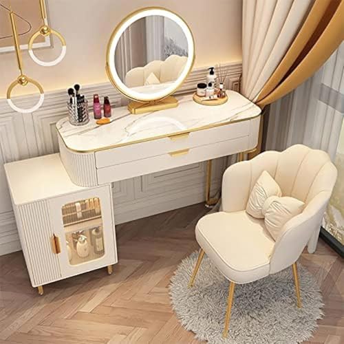 Schminktisch Mit Nachttisch Schminktisch Set Schminktisch Mit Verstellbarem Led-Spiegel, Gepolstertem Hocker Und Schubladen, White-2, 80cm/31.5in von Generic