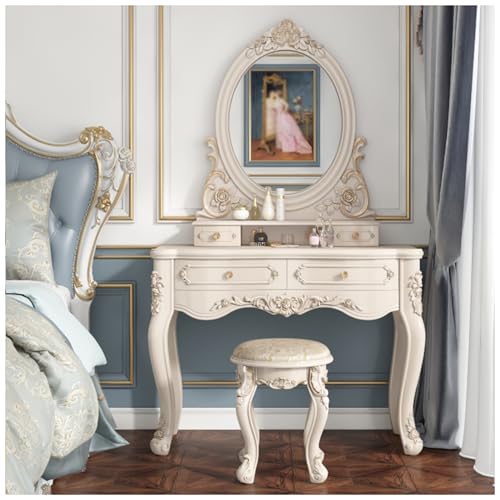 Schminktisch-Set mit Spiegel und Gepolstertem Hocker, Vintage-Frisiertisch mit 4 Schubladen, Kosmetiktisch im Europäischen Stil für Schlafzimmer (Color : White+Gold, Size : 100x47x162cm) von Generic