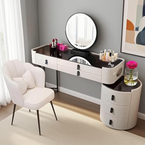 Schminktisch mit Spiegel, Kosmetiktischmit mit kabellosem Ladegerät und Bluetooth-Lautsprecher, Frisiertisch mit 6 Schubladen Geschenk für Mädchen (White-Black, 80cm Tempered Glass Tabletop) von Generic