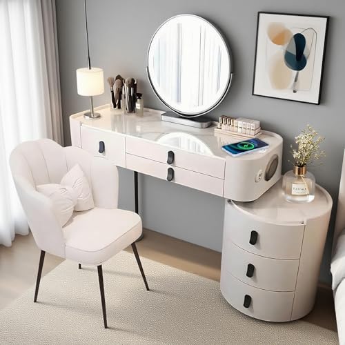 Schminktisch mit Spiegel, Kosmetiktischmit mit kabellosem Ladegerät und Bluetooth-Lautsprecher, Frisiertisch mit 6 Schubladen Geschenk für Mädchen (White-Black, 80cm UV Gloss Tabletop) von Generic