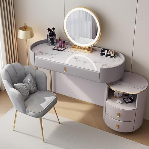 Schminktisch mit beleuchtetem Spiegel, Schminktisch-Set mit 3-Farbiger Beleuchtung, Kosmetiktisch mit 5 Schubladen und Marmorplatte für Mädchen (Gray, 80cm) von Generic