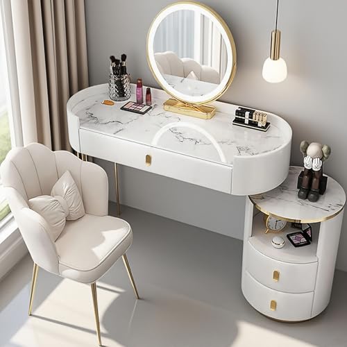 Schminktisch mit beleuchtetem Spiegel, Schminktisch-Set mit 3-Farbiger Beleuchtung, Kosmetiktisch mit 5 Schubladen und Marmorplatte für Mädchen (White, 80cm) von Generic